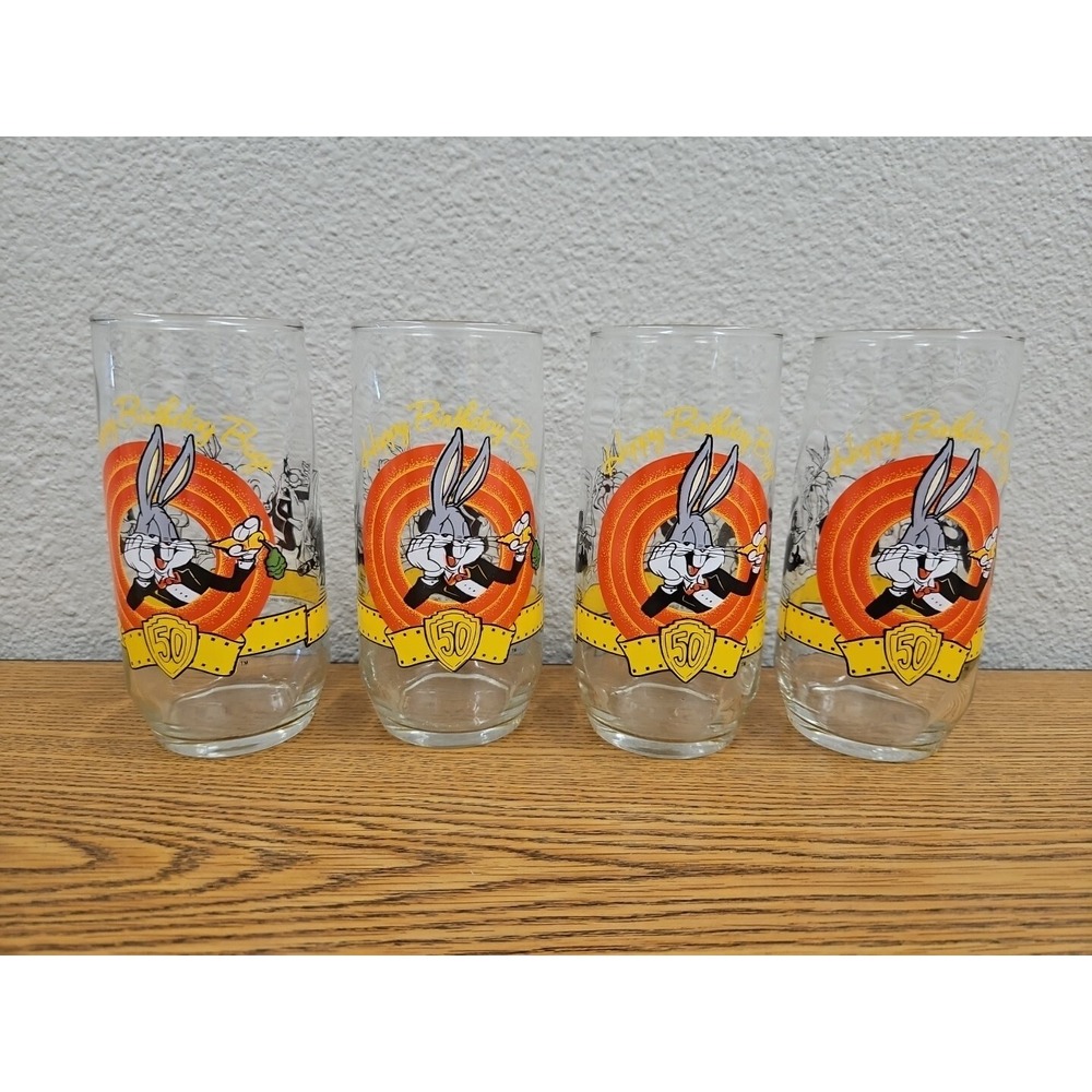 Set of 4 - Warner Bros Happy Birthday BUGS BUNNY 50th Anniversary Glasses EUC